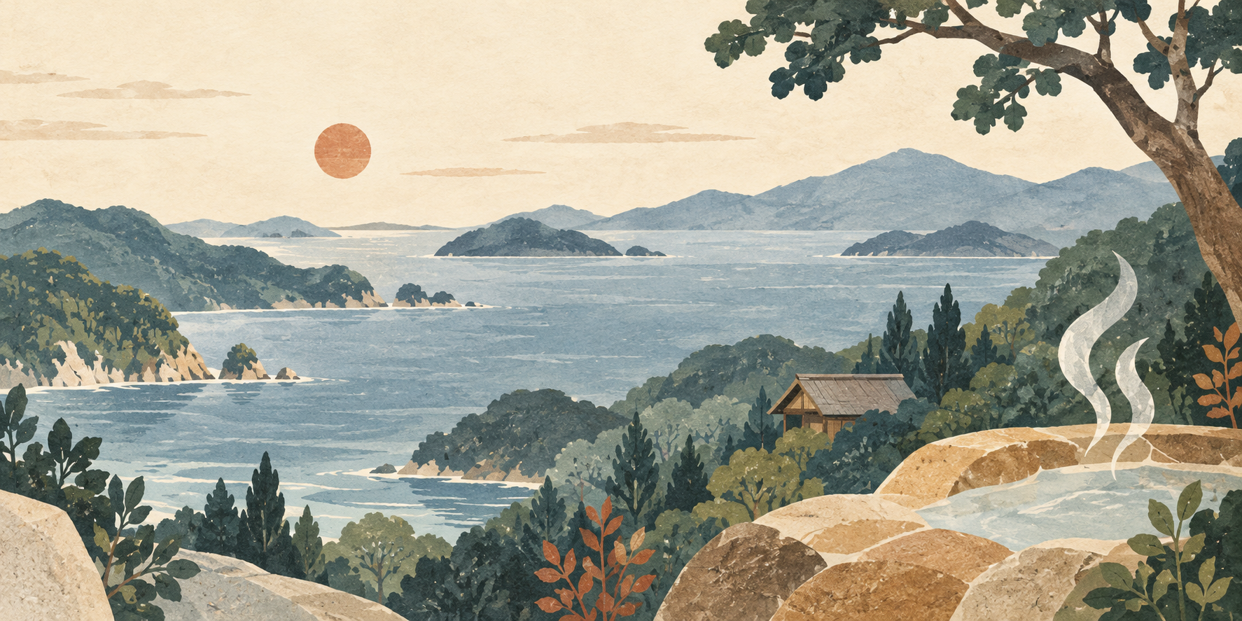 An imaginary illustrated Japanese travel landscape with sea, wooded hills and symbolic hot-spring steam.